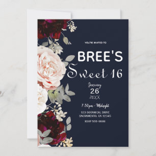 Navy Blue Blush Rose & Burgundy Floral Sweet 16 Invitation