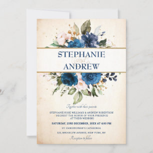 Navy Blue Blush Rose Floral Rustic Country Wedding Invitation