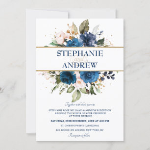 Navy Blue Blush Rose Floral Rustic Country Wedding Invitation