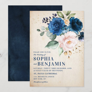 Navy Blue Blush Rose Floral Rustic Country Wedding Invitation