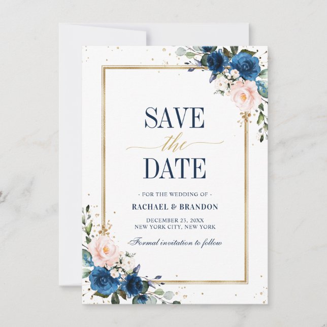 Navy Blue Blush Rose Geometric Save the date (Front)