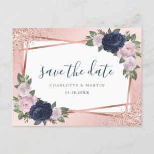 Navy Blue Blush Rose Gold Floral Geometric Wedding Announcement Postcard