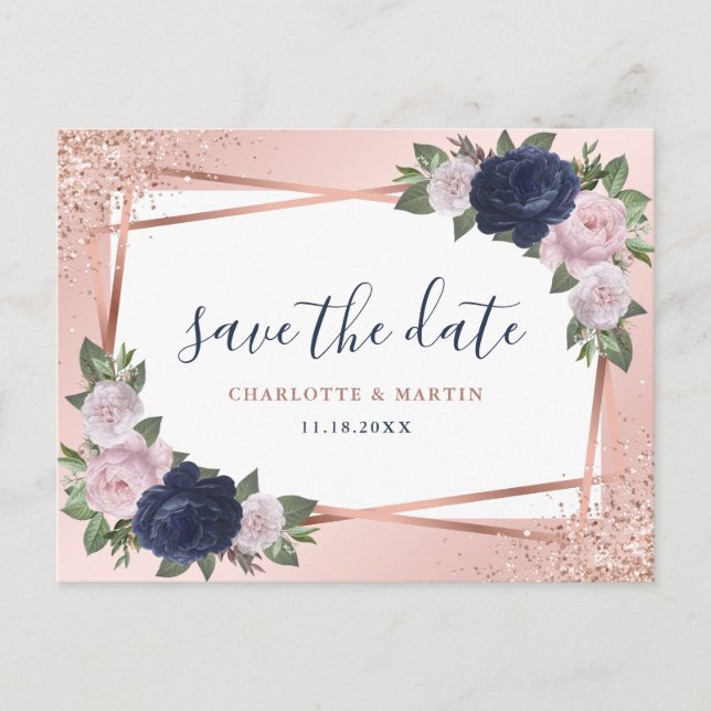 Navy Blue Blush Rose Gold Floral Geometric Wedding Announcement Postcard (Front)
