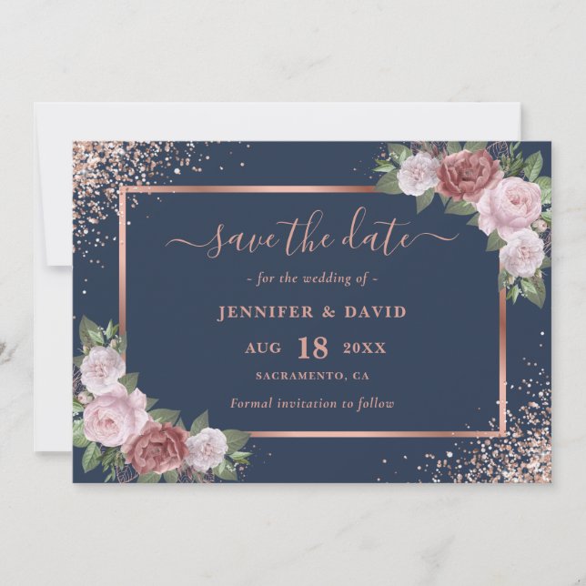 Navy Blue Blush Rose Gold Glitter Floral Wedding Save The Date (Front)