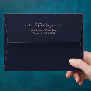 Navy Blue Blush Rose Gold Wedding Return Address Envelope