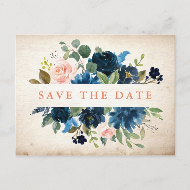 Navy Blue Blush Rose Rustic Boho Save the Date Announcement Postcard (Front)