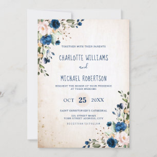 Navy Blue Blush Rose Rustic Country Floral Wedding Invitation