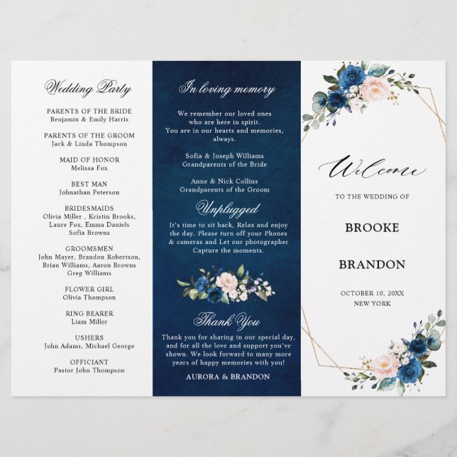 Navy Blue Blush Rose Trifold Wedding Program (Front)