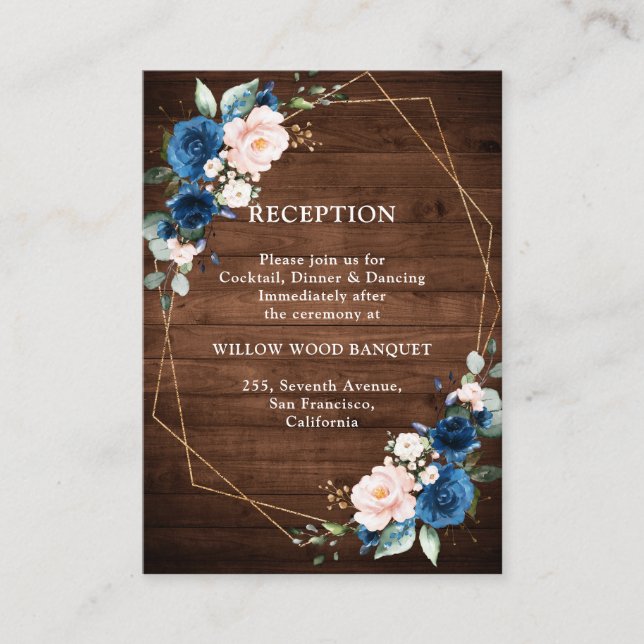 Navy Blue Blush Rustic Wood Gold Geometric Wedding Enclosure Card (Front)