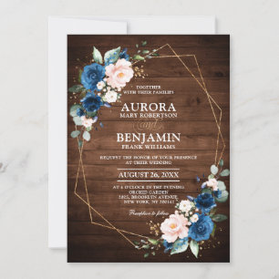 Navy Blue Blush Rustic Wood Gold Geometric Wedding Invitation