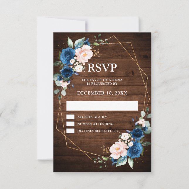 Navy Blue Blush Rustic Wood Gold Geometric Wedding RSVP Card (Front)