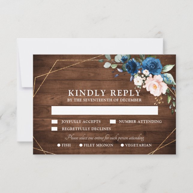 Navy Blue Blush Rustic Wood Gold Geometric Wedding RSVP Card (Front)