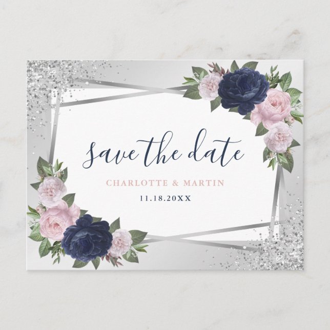 Navy Blue Blush Silver Floral Geometric Wedding Announcement Postcard (Front)
