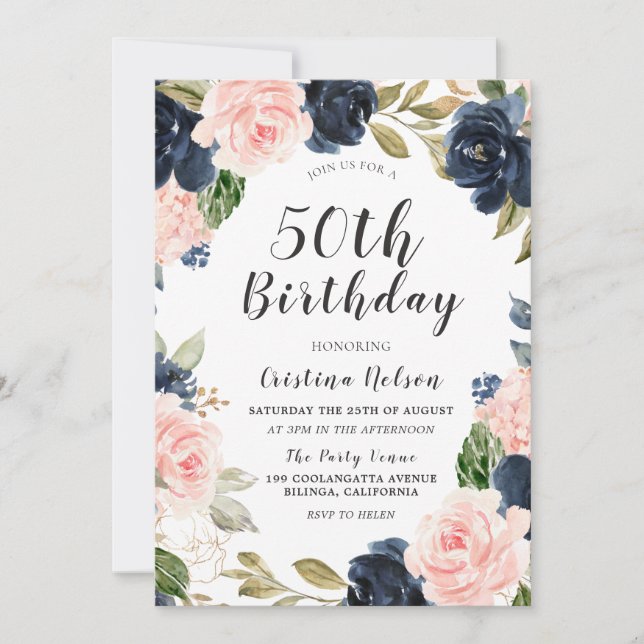 Navy Blue Blush Watercolor 50th Birthday Party Invitation (Front)