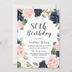 Navy Blue Blush Watercolor 80th Birthday Party Invitation