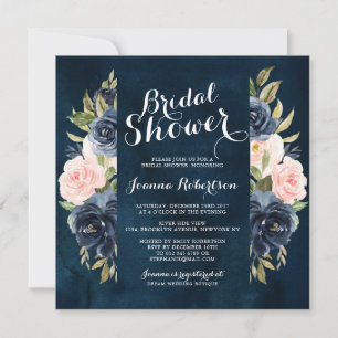Navy Blue Blush Watercolor Floral Bridal Shower Invitation