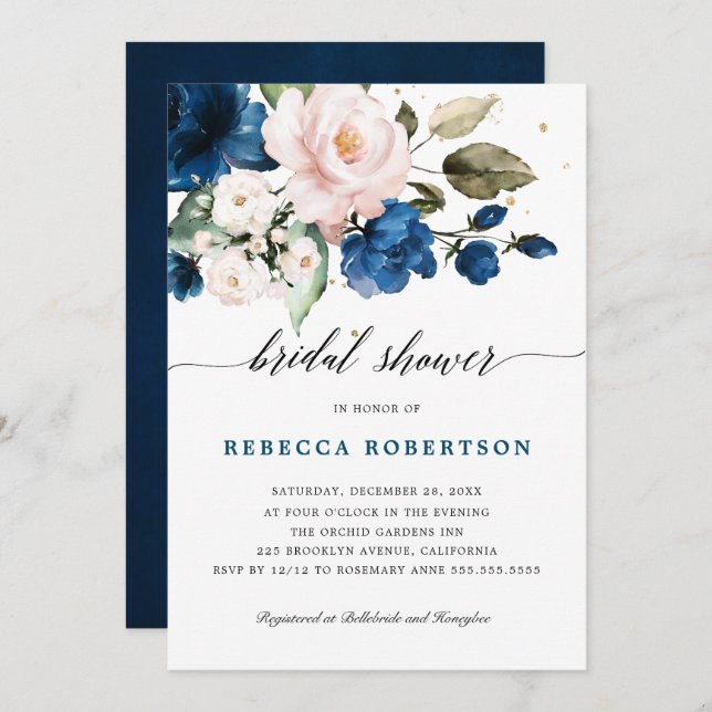 Navy Blue Blush Watercolor Floral Bridal Shower Invitation (Front/Back)