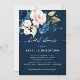 Navy Blue Blush Watercolor Floral Bridal Shower Invitation