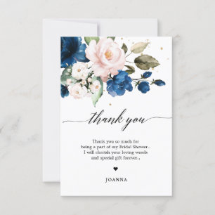 Navy Blue Blush Watercolor Floral Bridal Shower Thank You Card