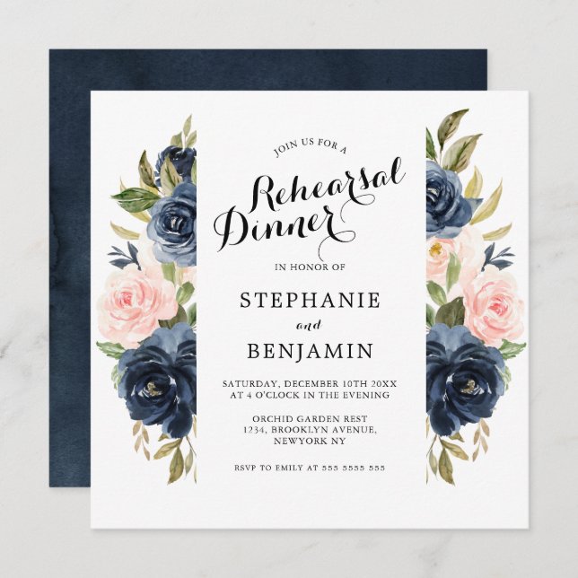 Navy Blue Blush Watercolor Floral Rehearsal Dinner Invitation (Front/Back)