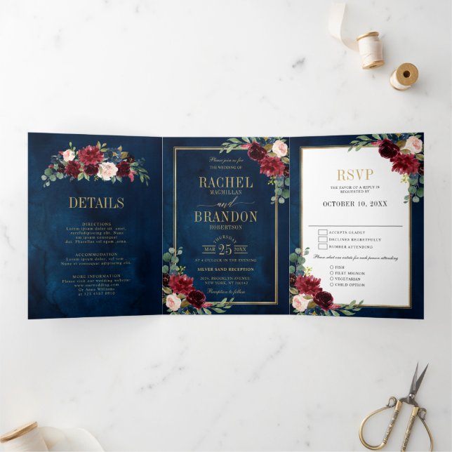 Navy Blue Blush Watercolor Gold Geometric Wedding Tri-Fold Announcement (Inside)