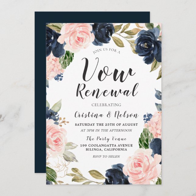 Navy Blue Blush Watercolor Wedding Vow Renewal Invitation (Front/Back)