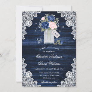 Navy Blue Blush Wood Lace Mason Jar Floral Wedding Invitation