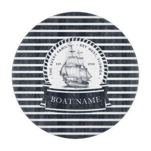 Navy Blue Boat Modern Personalised Cutting Board
