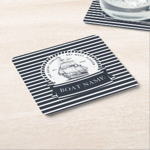 Navy Blue Boat Personalised Square Paper Coaster