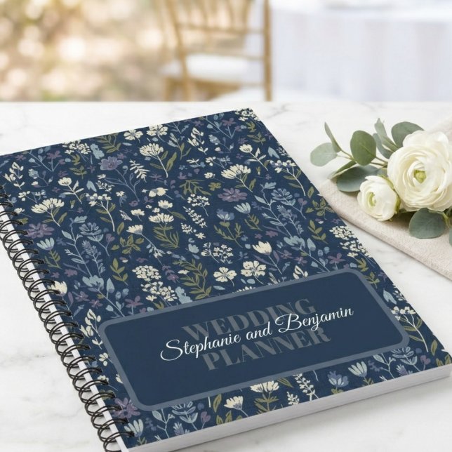 Navy Blue Boho Botanical Wedding Notebook (Floral wedding planner for the bride to be to track her engagement planning tasks.)
