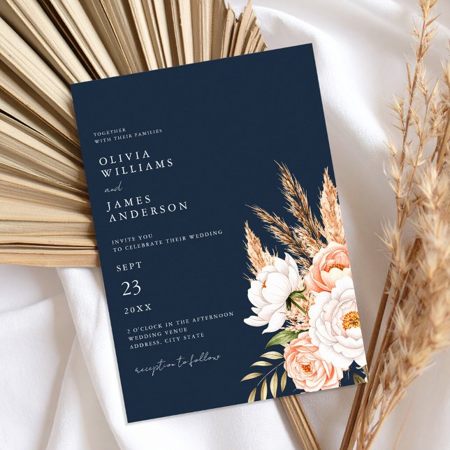 Navy Blue Boho Chic Floral Wedding  Invitation (Creator Uploaded)