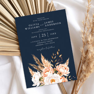 Navy Blue Boho Chic Floral Wedding  Invitation