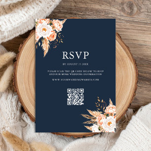 Navy Blue Boho Chic Floral Wedding RSVP Card