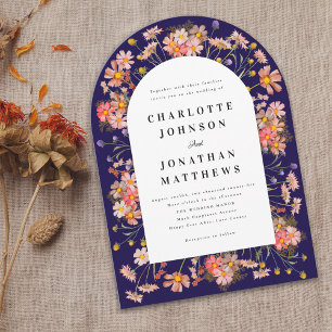 Navy Blue Boho Fall Wildflower Arch Wedding Invitation