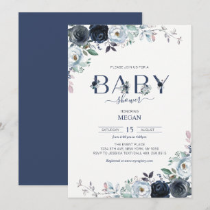 Navy Blue Boho Floral Baby Shower Invitation