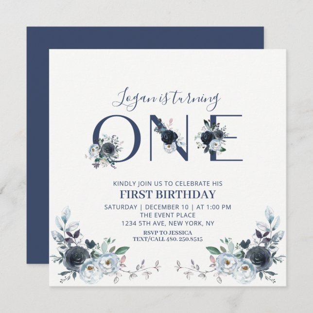 Navy Blue Boho Floral Boy 1st Birthday Square Invitation (Front/Back)
