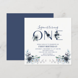 Navy Blue Boho Floral Boy 1st Birthday Square Invitation