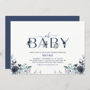 Navy Blue Boho Floral Boy Baby Shower Invitation