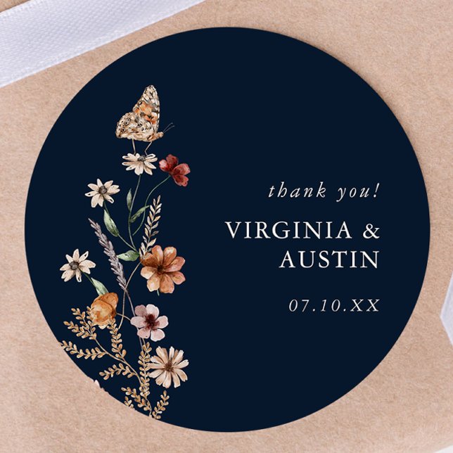 Navy Blue Boho Floral Classic Round Sticker (Navy Blue Boho Floral Classic Round Sticker with Butterfly by Painted Paperie
)