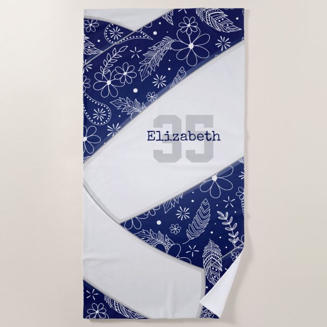 navy blue boho floral doodle pattern volleyball beach towel (Front)