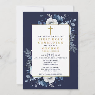 Navy Blue Boho Floral First Holy Communion Invitation