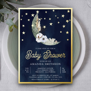 Navy Blue Boho Floral Moon Stars Baby Shower Gold