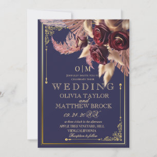 Navy blue Boho Floral red roses  pampas Wedding Invitation