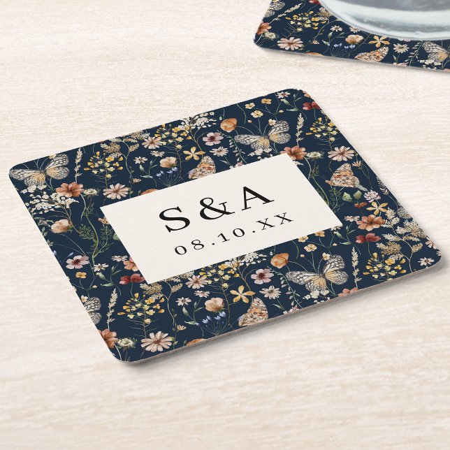 Navy Blue Boho Floral Wedding Square Paper Coaster (Navy Blue Boho Floral Wedding Square Paper Coaster Monogram by Painted Paperie
)