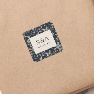 Navy Blue Boho Floral Wedding Square Sticker