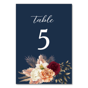 Navy Blue Boho Floral Wedding Table Number