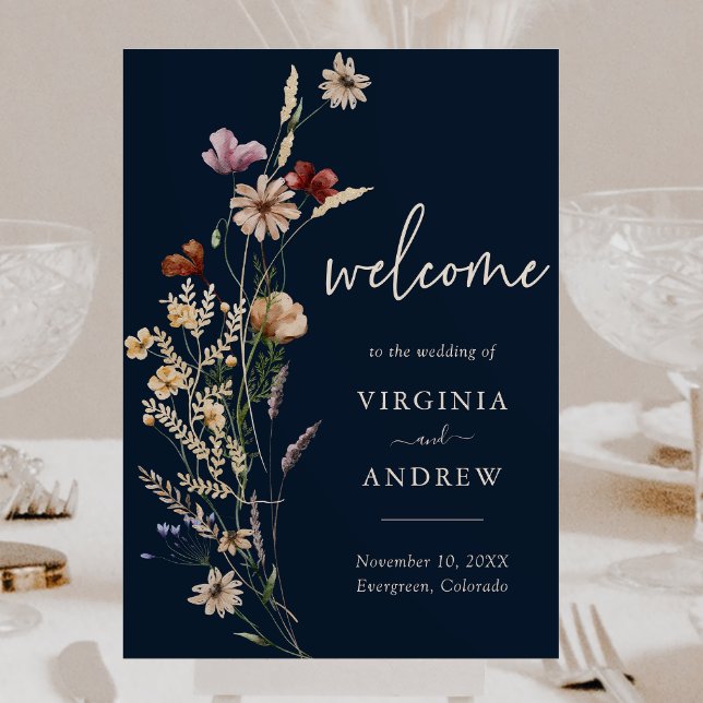 Navy Blue Boho Floral Welcome Wedding Poster (Navy Blue Boho Floral Welcome Sign Wedding Poster by Painted Paperie
)