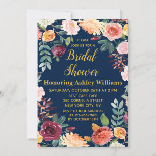 Navy Blue Boho Greenery Fall Floral Bridal Shower Invitation