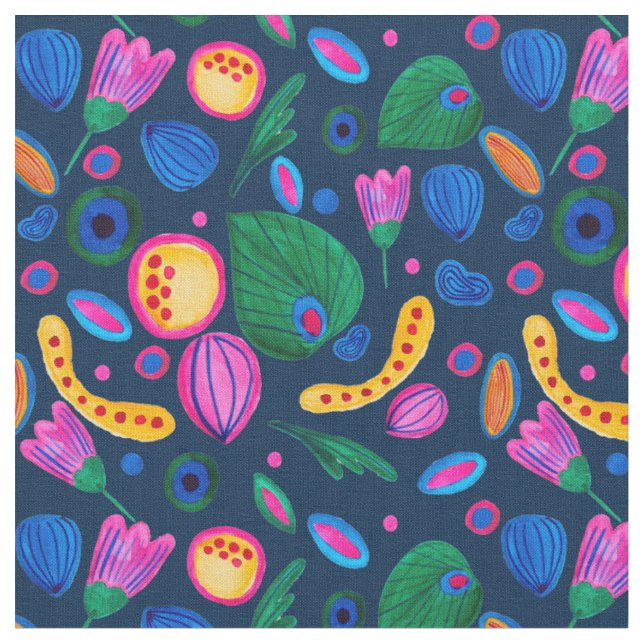Navy blue boho hand-painted pattern fabric (Close Up)