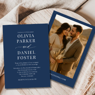 Navy Blue Boho Minimalist Photo Wedding Invitation